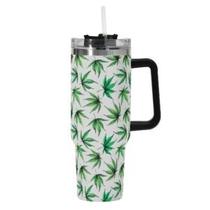 Personalized 40oz Stainless Steel Tumbler With Black Handle and Straw- Leaves Designs